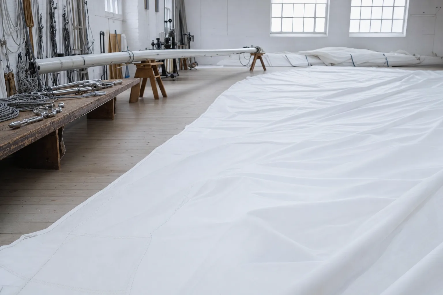 White sailcloth spread across the pale floor of a sail loft